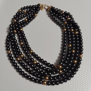 Ralph Lauren Multi-Strand Charcoal & Frosted Gold Beaded Statement Necklace